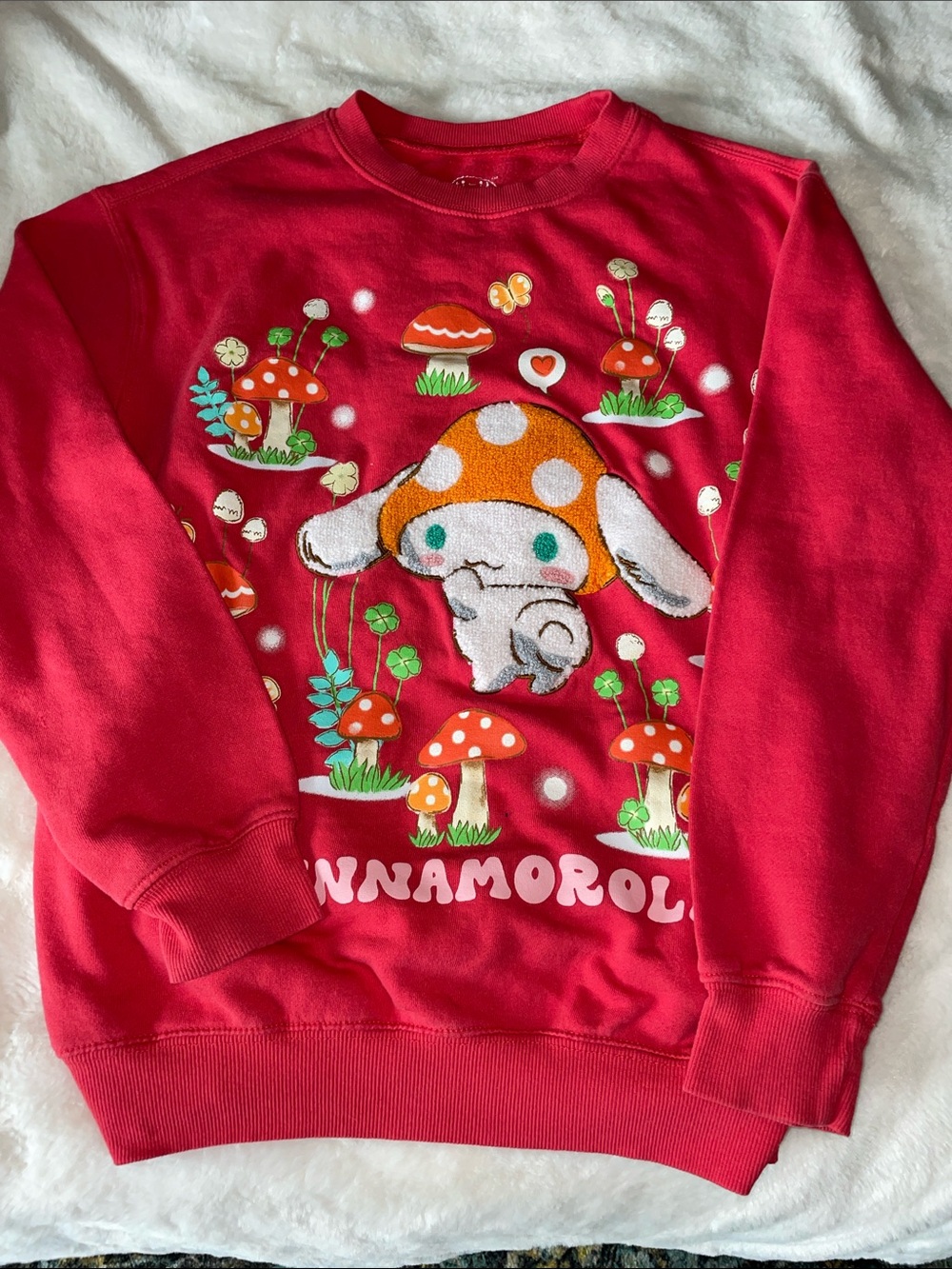 Cinnamoroll size XS red sweatshirt with mushroom design on front